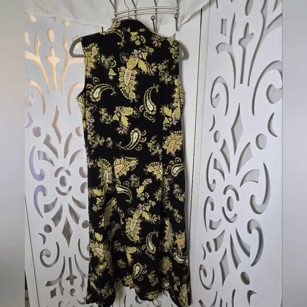 Studio I Petite 12P Black Yellow Paisley Sleeveless Button Front Midi Dress